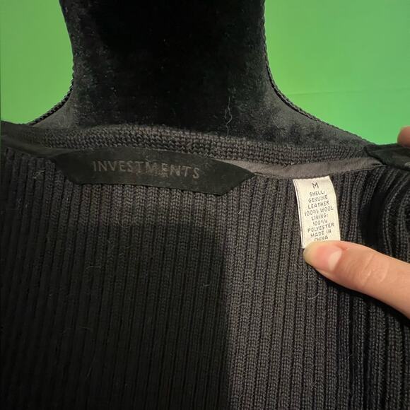 Investments Black Leather Suede Wool Knit Women's Zip Up Jacket - Picture 7 of 14